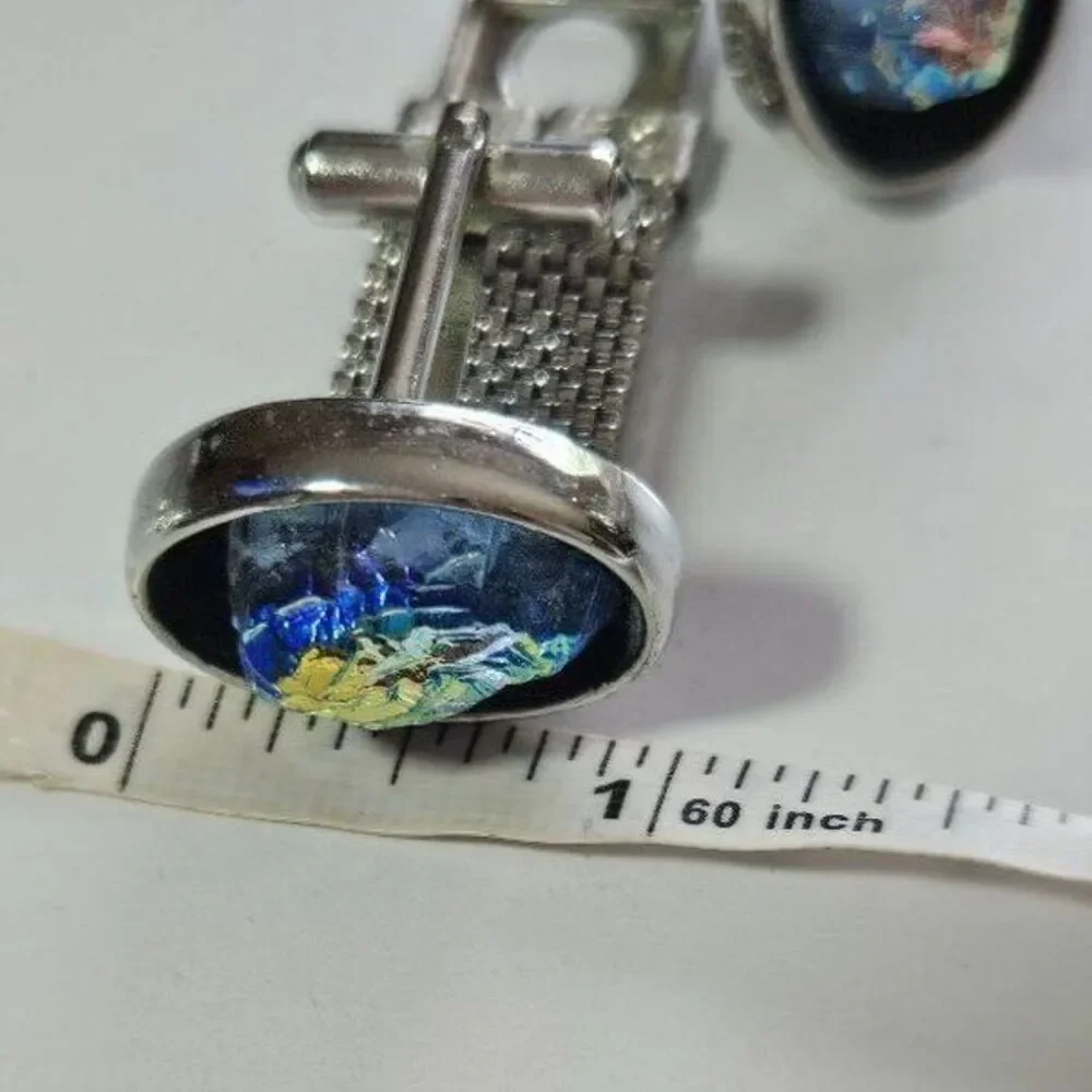 Silver tone lava volcanic glass cufflinks